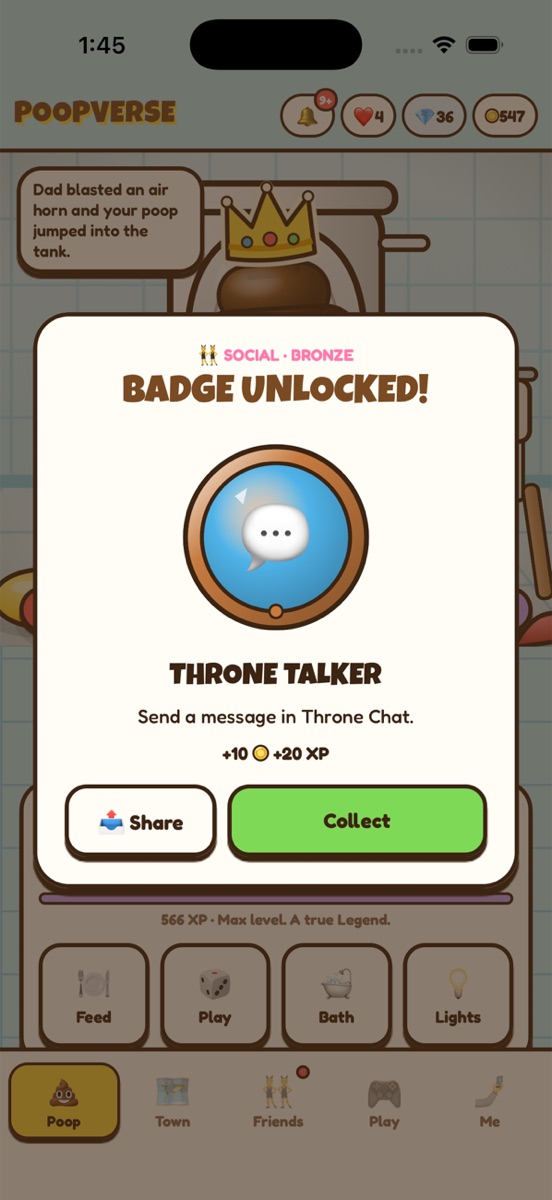 A 'Badge unlocked' card for Throne Talker: send a message in Throne Chat, plus 10 coins and 20 XP.