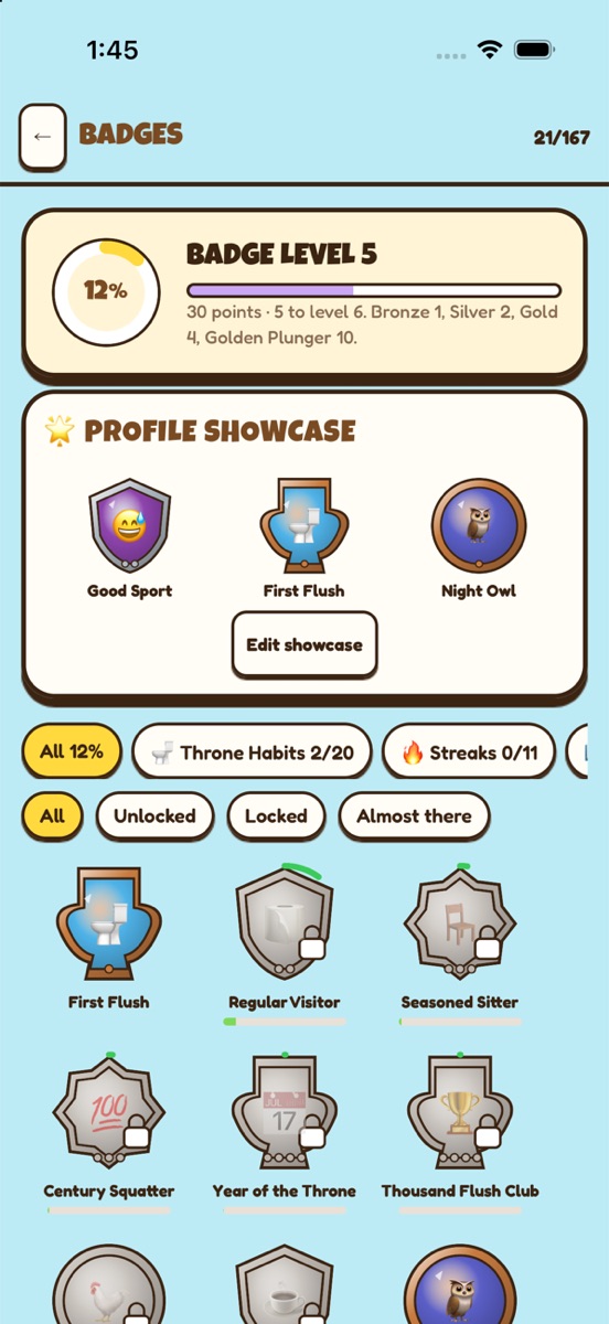 The badges screen: badge level 5, a profile showcase with Good Sport, First Flush and Night Owl, and a grid of locked and unlocked badges.