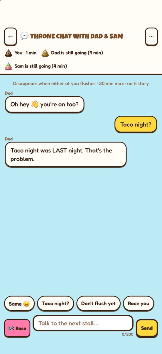 Throne Chat with Dad and Sam: Dad says 'Oh hey, you're on too?', the player asks 'Taco night?' and Dad replies 'Taco night was LAST night. That's the problem.'