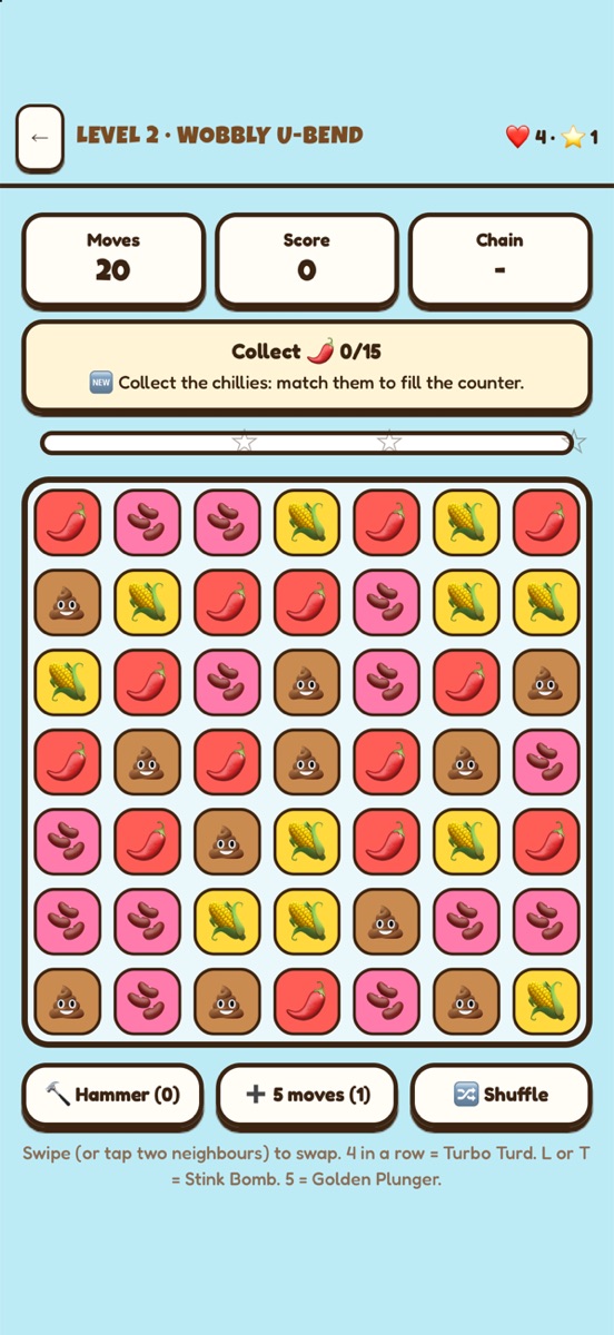 Poop Crush level 2: a seven by seven board of chillies, corn, beans and poops with a goal to collect 15 chillies.