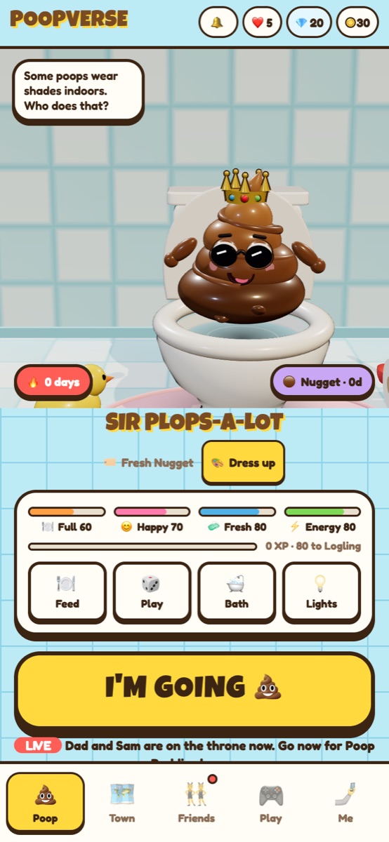 The Poopverse home screen: a pet poop in a crown and sunglasses sitting on its toilet, with its stats and Feed, Play, Bath and Lights buttons.