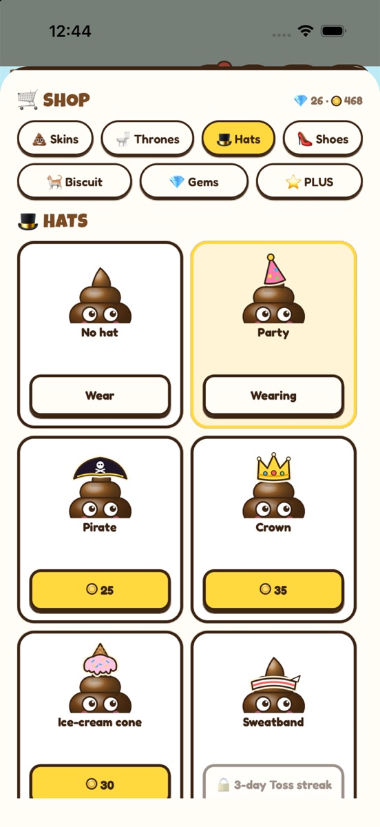 The shop's Hats tab: the poop wearing a party hat, a pirate hat, a crown, an ice-cream cone and a sweatband.