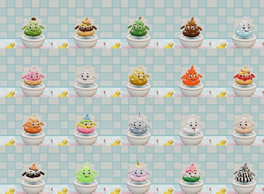 Twenty Poopverse skins in 3D, each on its own toilet: Avocado, Burger, Cactus, Classic, Diamond, Donut, Ghost, Golden, Lava, Pizza, Pumpkin, Rainbow, Robot, Snowman, Soft Serve, Sushi, Toxic, Unicorn, Watermelon and Zebra.