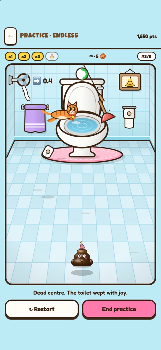 Daily Toss: a tiled bathroom with the toilet, Biscuit the cat leaping past it, a swinging plunger, a TP holder on the wall and a poop ready to flick.