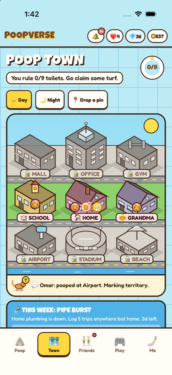 Poop Town: nine buildings on three streets, including School, Home and Grandma's, with friends' avatars on the ones they've claimed.